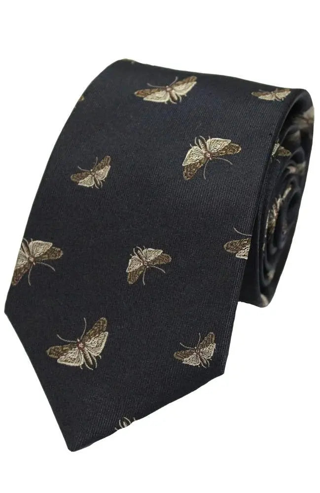 Knightsbridge Neckwear Moth Print Silk Tie - Black From Woven Durham