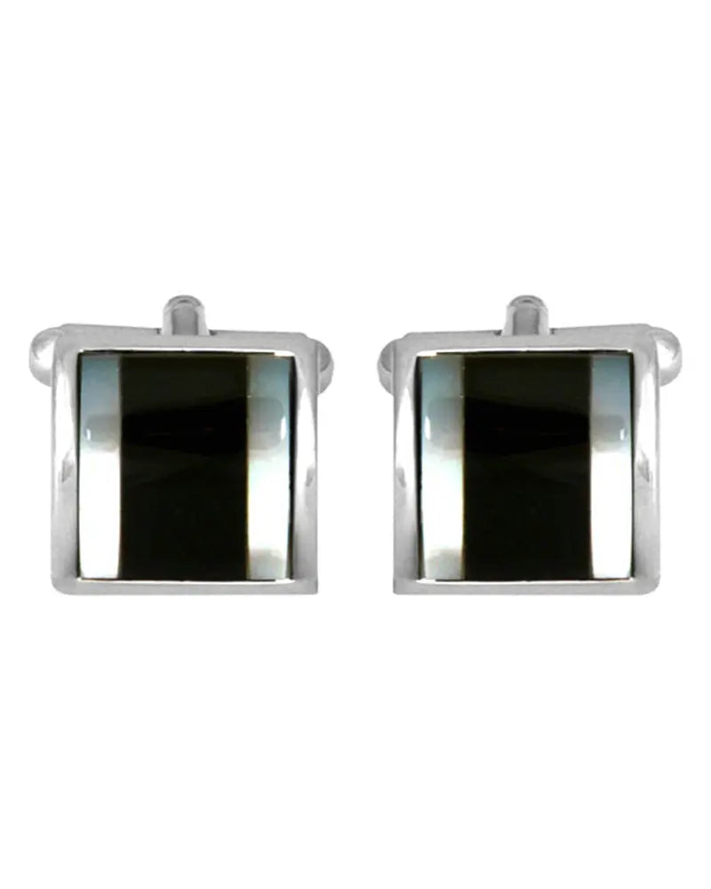 Onyx & Mother of Pearl Square Curved Cufflinks - Silver Dalaco