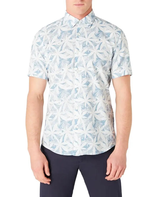 Buy Remus Uomo Parker Linen Blend Leaf Print Short Sleeve Shirt - Blue/White | Short-Sleeved Shirtss at Woven Durham