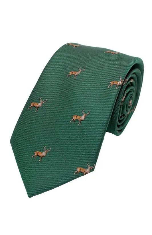 Knightsbridge Neckwear Stag Print Silk Tie - Green From Woven Durham