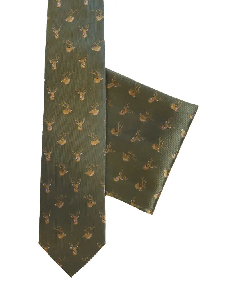 Stag Print Silk Tie & Pocket Square Set - Sage Green Knightsbridge Neckwear