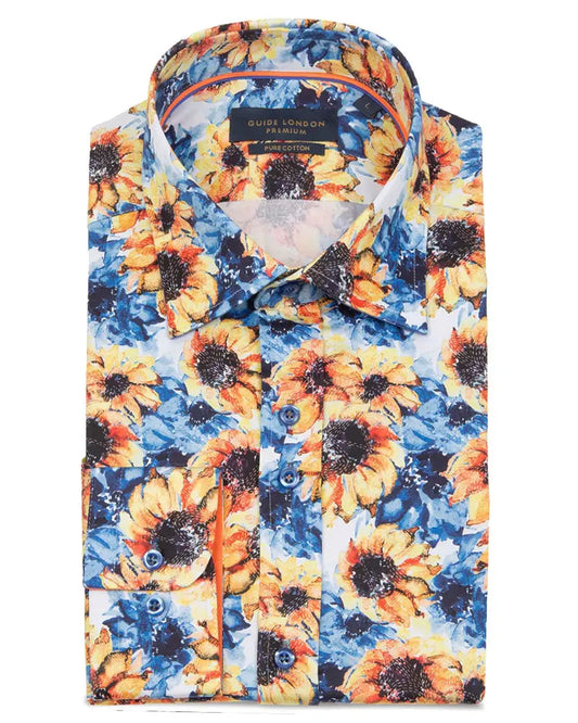 Buy Guide London Sunflower Print Shirt - White/Navy | Long-Sleeved Shirtss at Woven Durham