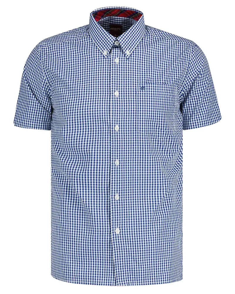 Buy Merc London Terry Royal Blue & White Gingham Short-Sleeved Shirt | Short-Sleeved Shirtss at Woven Durham