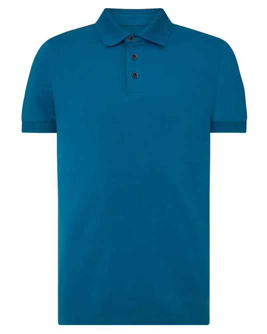 Remus Uomo Textured Collar Polo Shirt - Teal Blue From Woven Durham