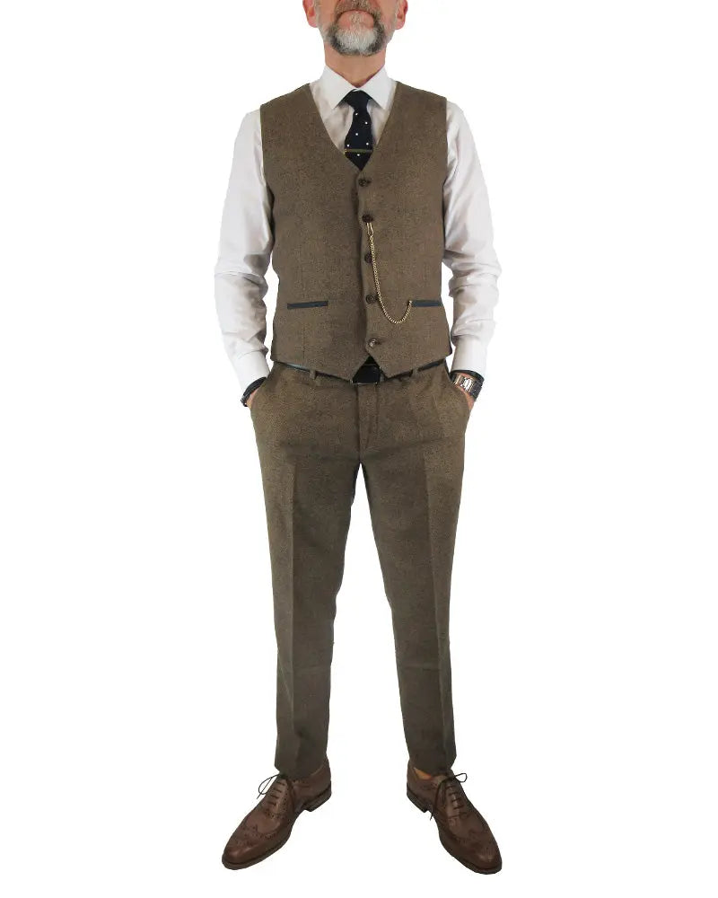 Fratelli Tweed Herringbone Suit Waistcoat - Brown / Navy Fleck From Woven Durham
