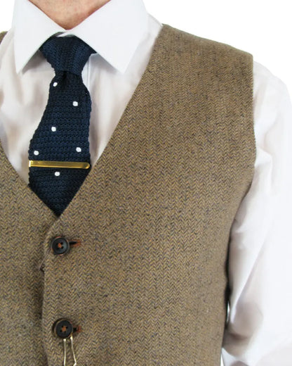 Fratelli Tweed Herringbone Suit Waistcoat - Brown / Navy Fleck From Woven Durham