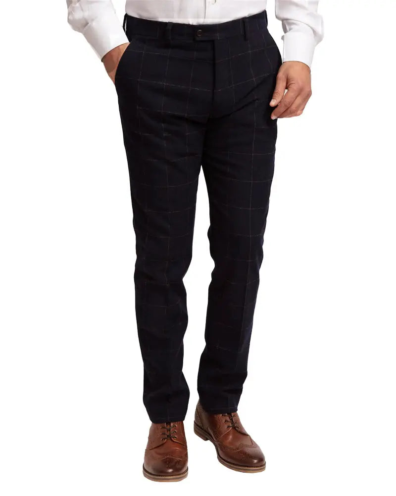 Fratelli Windowpane Check Suit Trouser - Navy From Woven Durham