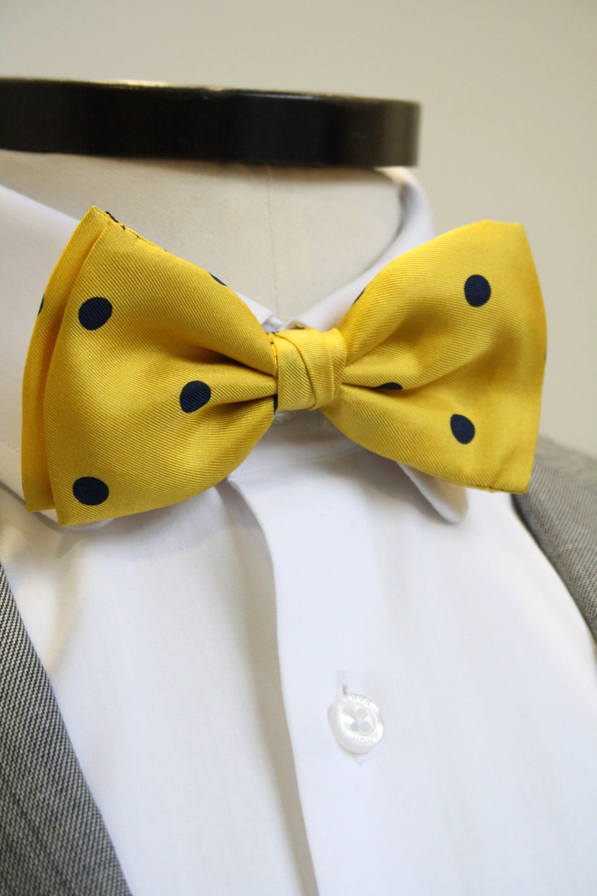 Yellow With Navy Polka Dot Silk Pre-Tied Silk Bow Tie Knightsbridge Neckwear
