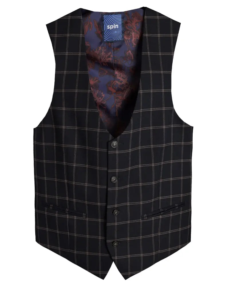 Spin Jaden Check Suit Waistcoat - Navy / Brown From Woven Durham