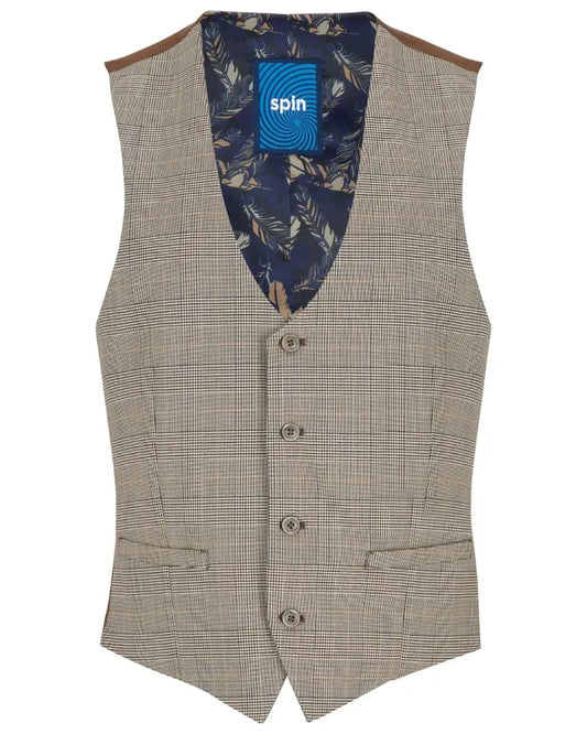 Buy Spin Zach Prince of Wales Check Waistcoat - Beige | Suit Waistcoatss at Woven Durham